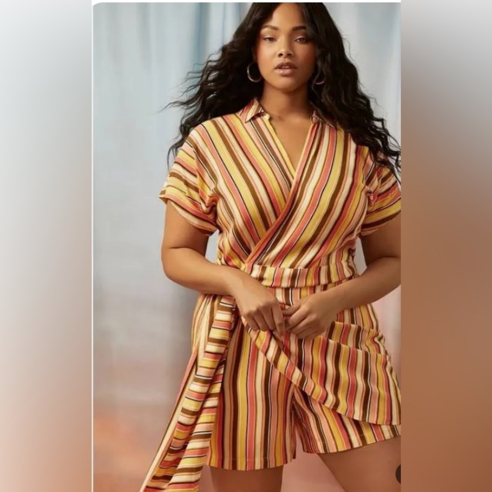 Eloquii 22 Orange and Yellow Faux Wrap Romper - Picture 1 of 16